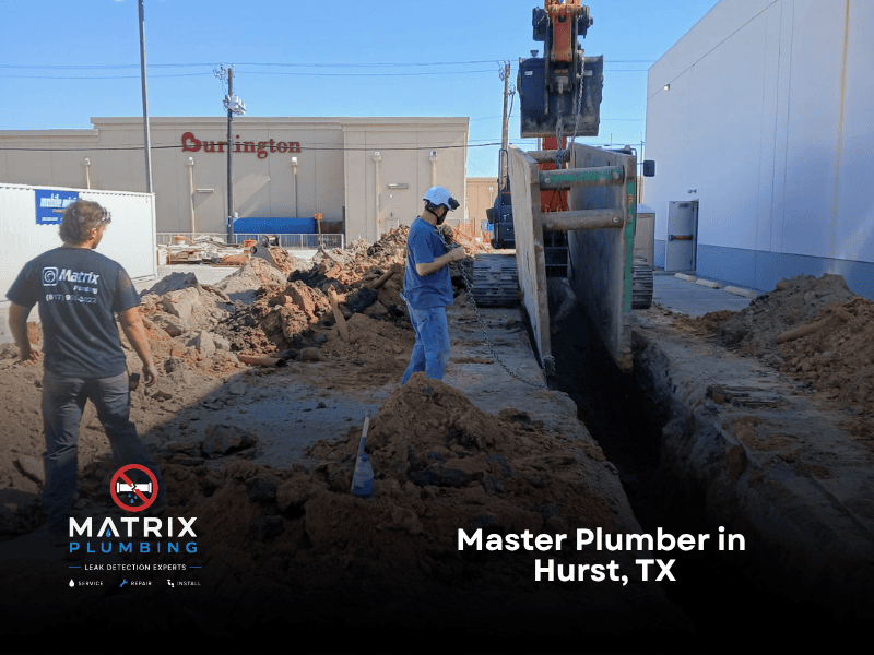 Master plumbers from Matrix Plumbing excavating a commercial trench in Hurst, TX, for underground water line repair and plumbing installation using professional excavation equipment.
